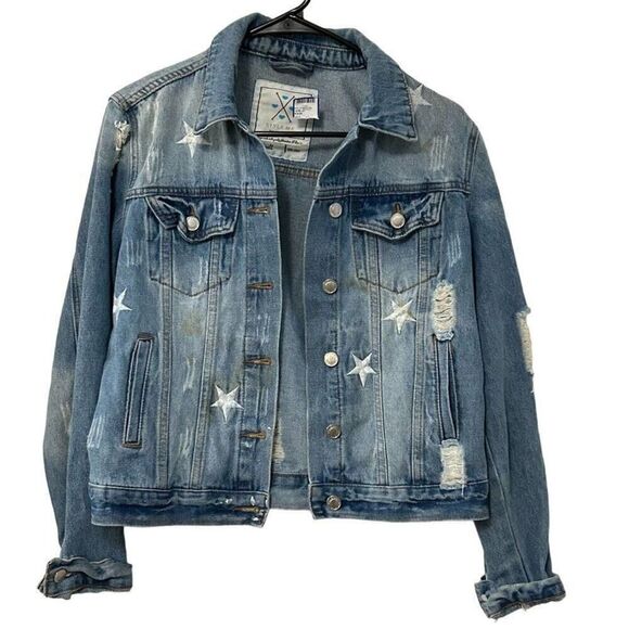 Style Me Distressed Denim Jacket Women's Size ( S ), Embroidered Stars #BH - Picture 2 of 6